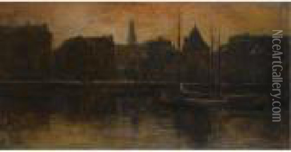 A View Of The Prins Hendrikkade With The Schreierstoren, Amsterdam Oil Painting - George Hendrik Breitner
