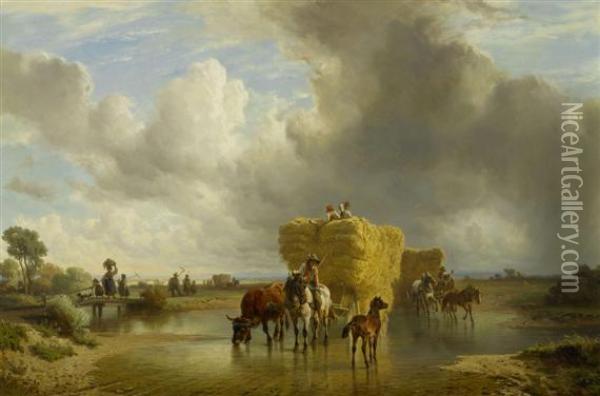 A Storm Rising At Harvest Time Oil Painting - Friedrich Johann Voltz