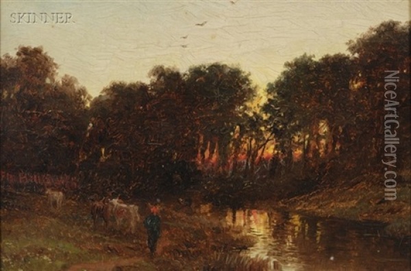 Herder At A Pond At Sunset Oil Painting - Frederic Marlett Bell-Smith