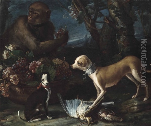 Two Dogs, A Brace Of Woodcock, A Monkey Holding A Bunch Of Grapes, With Flowers And Grapes In A Copper Urn, In A Landscape Oil Painting - Candido Vitali