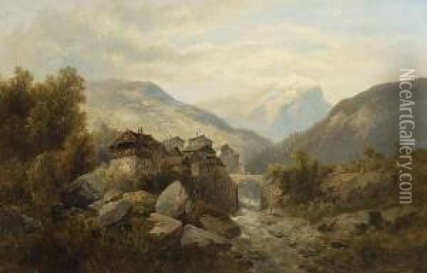 Dorf Im Gebirge. Oil Painting - Josef Thoma