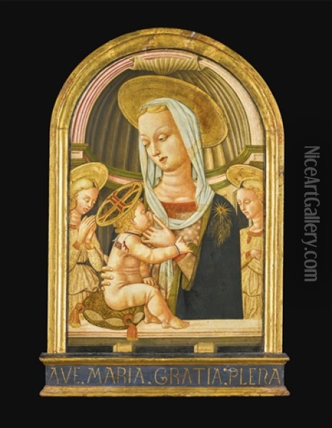 The Madonna Nursing The Christ Child With Angels Oil Painting - Giovanni di Ser Giovanni di (lo Scheggia) Simone