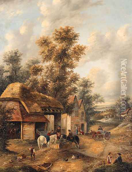 Figures with Horses before a Cottage Oil Painting - Georgina Lara
