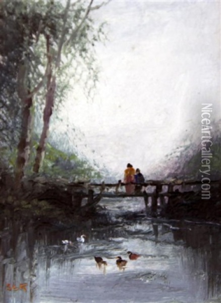 Figures On A Footbridge And In A Punt (pair) Oil Painting - Sarah Louise Kilpack