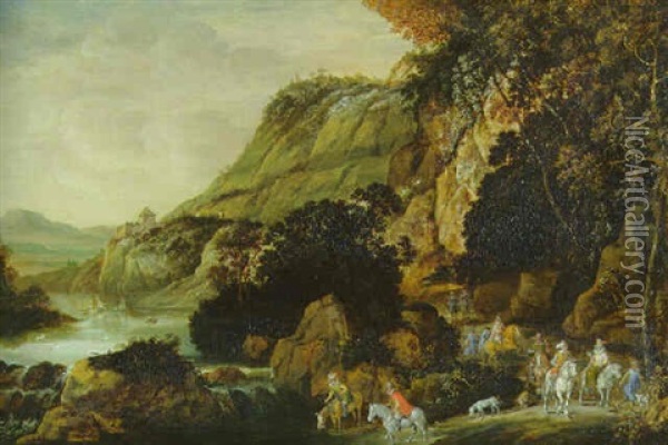 An Extensive Rocky River Landscape With An Elegant Party On Horseback On A Track Oil Painting - Joos de Momper the Younger