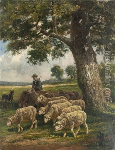Schafsherde Und Hirte Vor Offener Landschaft Oil Painting - Charles Emile Jacque