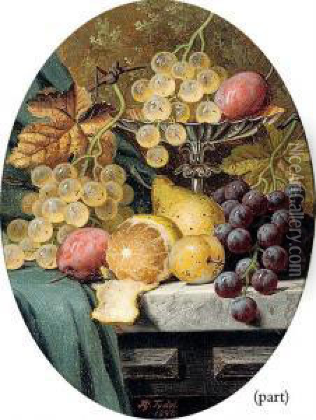 Grapes, Plums, A Lemon, A Pear And A Silver Tazza, On A Stoneledge Oil Painting - Henry George Todd