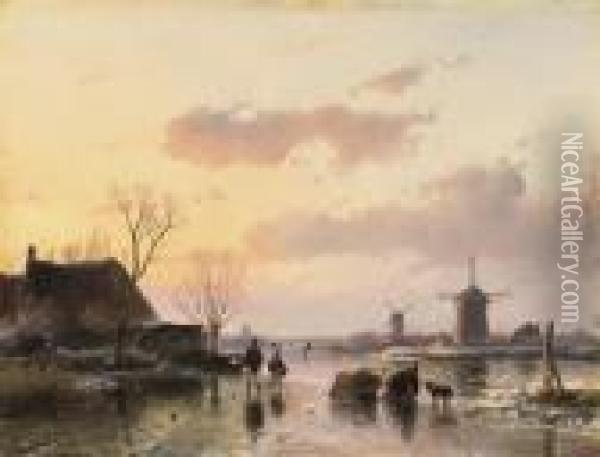A Winter Landscape With Windmills On The Horizon Oil Painting - Andreas Schelfhout