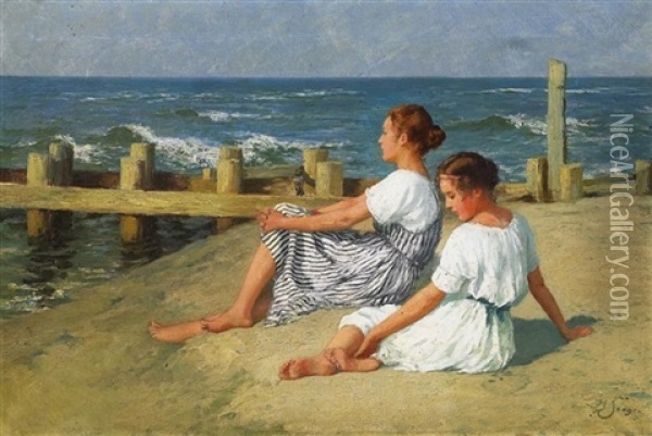 Die Musestunde. Zwei Madchen Am Strand, Die Abendsonne Geniesend Oil Painting - Hermann Seeger