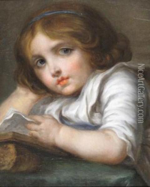 Young Girl In A Blue Headband, Reading Oil Painting - Jean Baptiste Greuze