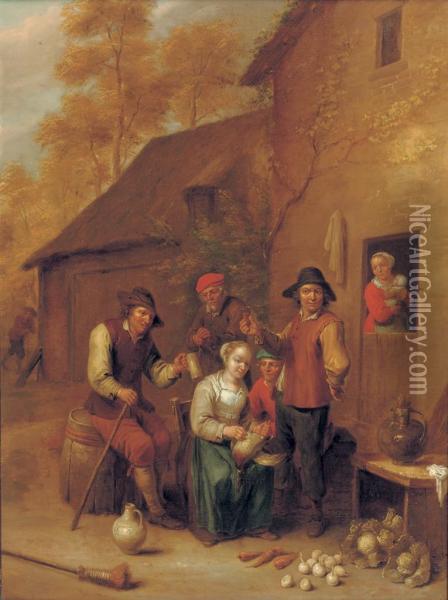 A Woman Plucking A Duck With Peasants Drinking And Smoking Oil Painting - Hendrick Maertensz. Sorch (see Sorgh)
