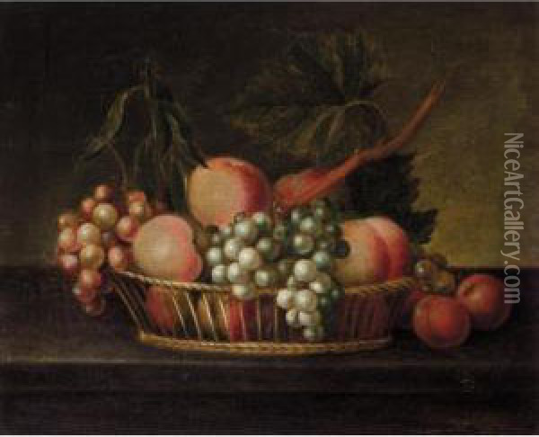 A Still Life Of Fruit In A Basket On A Ledge Oil Painting - William Jones Of Bath