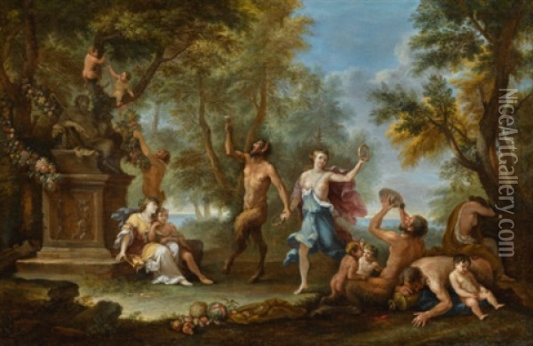 A Bacchanale, With Offerings Strewn Around A Statue Of The God Pan Oil Painting - Filippo Lauri