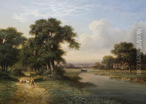 Figures Beside A Riverbank Oil Painting - Walter Williams