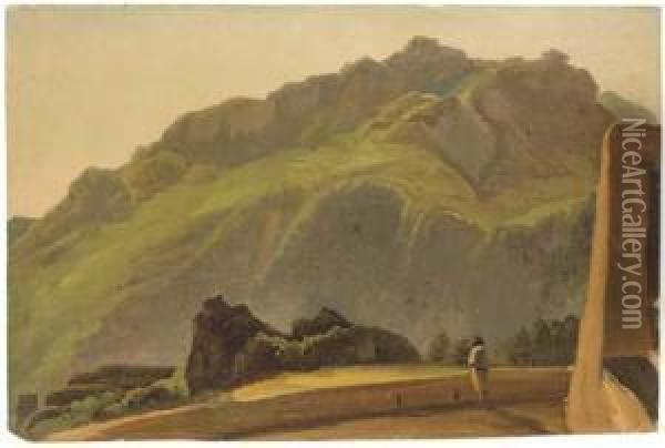 Le Mont Epomeo A Ischia, Une Terrasse Au Premier Plan Avec Une Figure Oil Painting - Simon-Joseph-Alexandre-Clement Denis