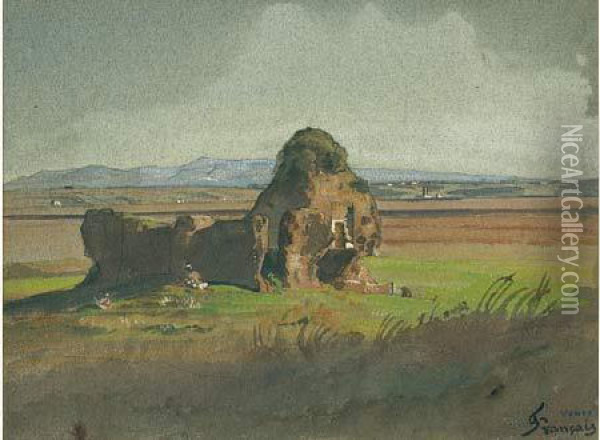 Paysage A La Chaumiere En Ruines Oil Painting - Francois Louis Francais