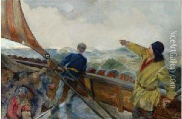 Leif Eriksson Oppdager Amerika (leif Eriksson Discoversamerica) Oil Painting - Christian Krohg