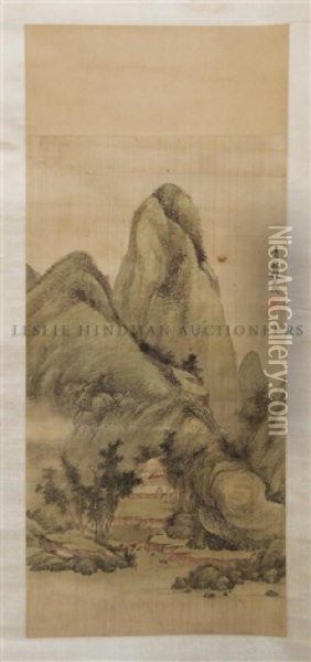 A Foliate Covered Mountain Above A Small Structure And A Lake Oil Painting -  Cheng Zhengkui