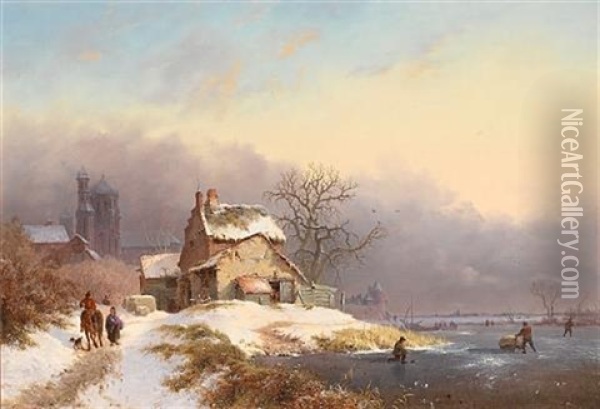 Villagers By A Frozen River Oil Painting - Frederik Marinus Kruseman