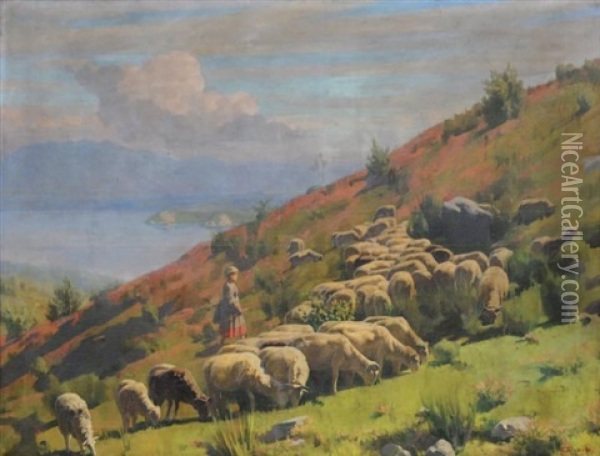 Moutons Au Bord Du Lac Oil Painting - Oreste Pizio