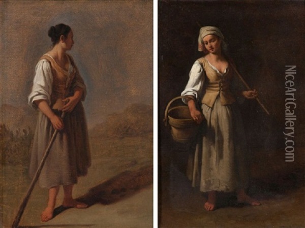 Jeune Femme Portant Son Seau Et Jeune Paysanne Oil Painting - Giuseppe Gambarini