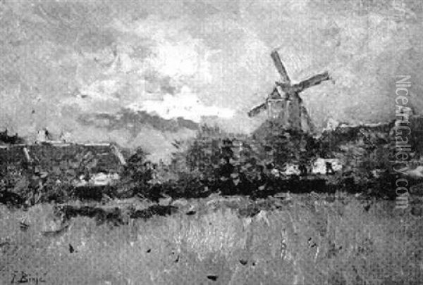 Landscape With Windmill Oil Painting - Frans Binje