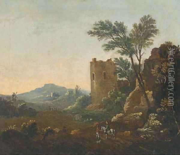 An Italianate landscape with travellers on a track, a ruined castle beyond Oil Painting - Willem de Heusch