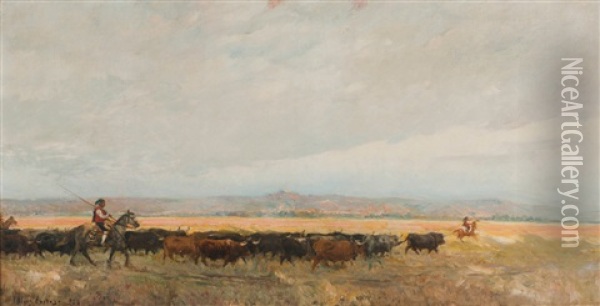 Herdsmen And Bulls Oil Painting - Alves Cardoso