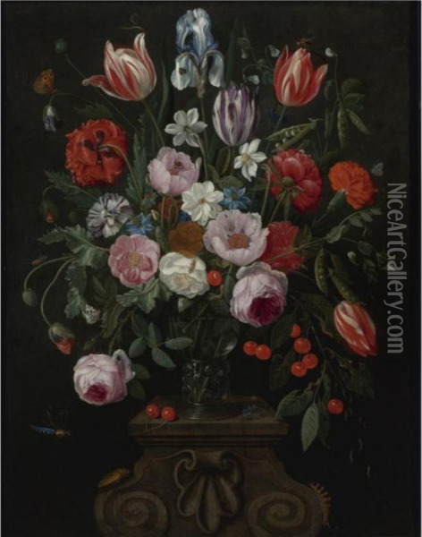 Still Life Of Tulips, Roses, A 
Whitish Iris, Cherries, Peas And Other Flowers In A Roemer Surrounded By
 Numerous Insects On A Carved Stone Plinth Oil Painting - Jan van Kessel