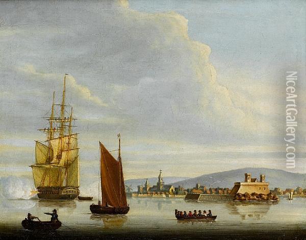 A Frigate Announcing Her Departure From A Continental Port Oil Painting - Francis Swaine