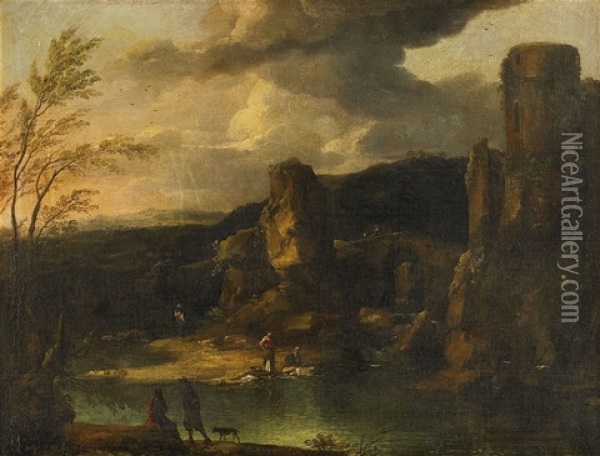 Mountain Landscape With Figures By A Lake Oil Painting - Crescenzio Onofri