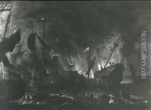 Dutch Shipping In A Battle Oil Painting - Cornelis van de Velde