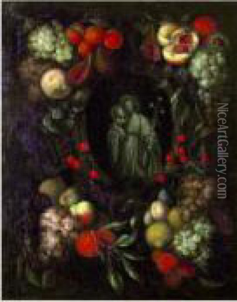 St Joseph Et L'enfant Jesus Dans Une Guirlande De Fruits Oil Painting - Frans Van Everbroeck