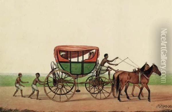 A Calcutta Hackney Coach Oil Painting - Shaikh Muhammad Amir Of Karraya