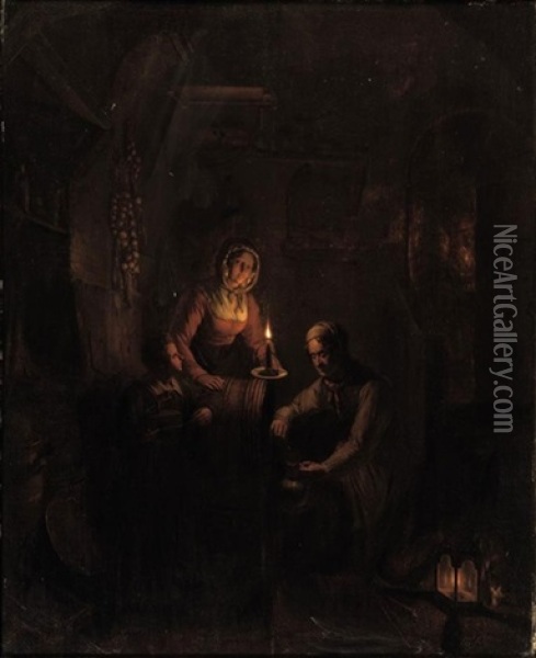 A Family By Candlelight Oil Painting - George Gillis van Haanen