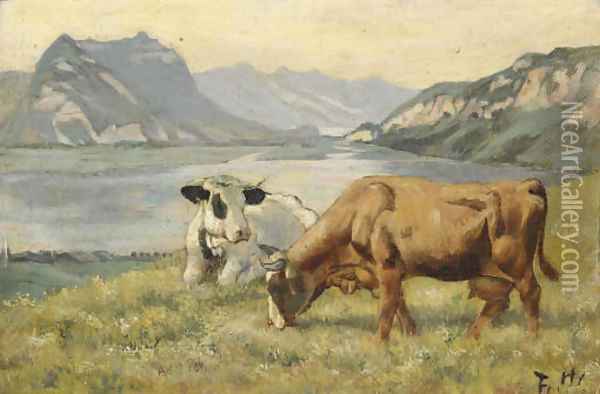 Zwei Kuthe vor Thunerseelandschaft, um 1888 Oil Painting - Ferdinand Hodler