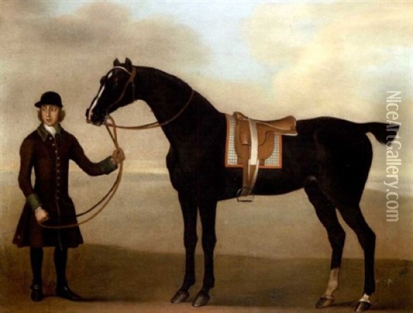 A Black Hunter Held By A Groom In A Landscape Oil Painting - James Seymour