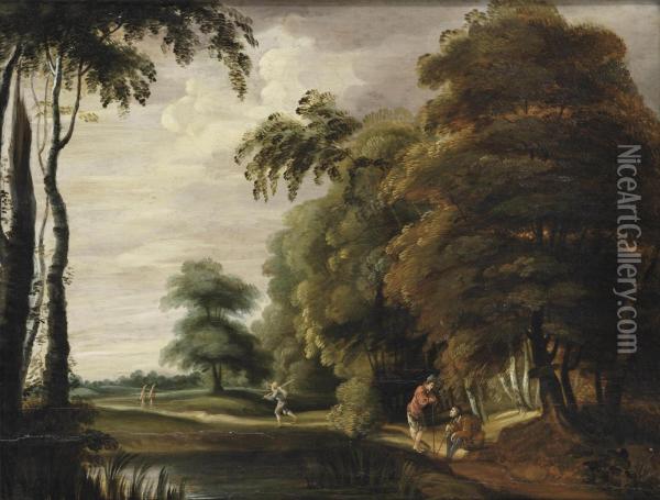 A Wooded Landscape With Travellers On A Track Near A Pond Oil Painting - Lucas Achtschellinck