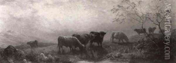 Cattle Grazing On A Hillside At Sunset Oil Painting - Edward Henry Holder