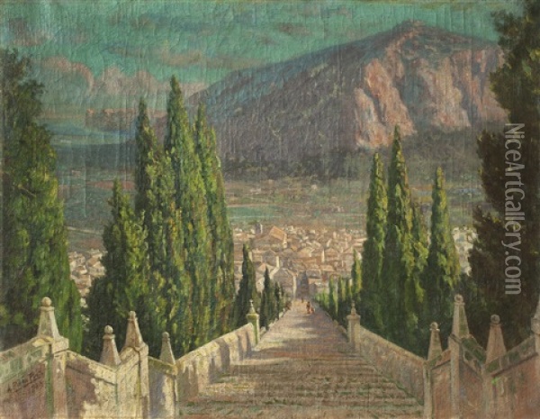 Escalinata Y Pueblo Oil Painting - Antonio (Antoni) Ribas Oliver