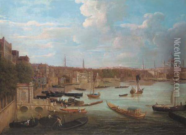 A View Of The River Thames, London With Saint Paul'scathedral Oil Painting - Joseph Nicholls