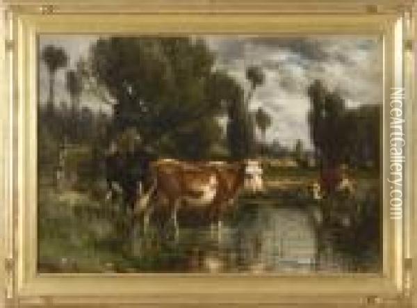 Cows In A Marshy Stream With Distant Fence And Trees Oil Painting - John Carleton Wiggins