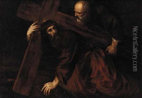 Christ Carrying The Cross With Simon Of Cyrene Oil Painting -  Guercino