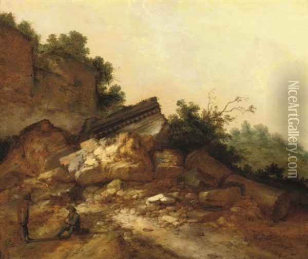 A Rocky Landscape With Two Peasants Conversing Near Classical Ruins Oil Painting - Jacob Sibrandi Mancadan