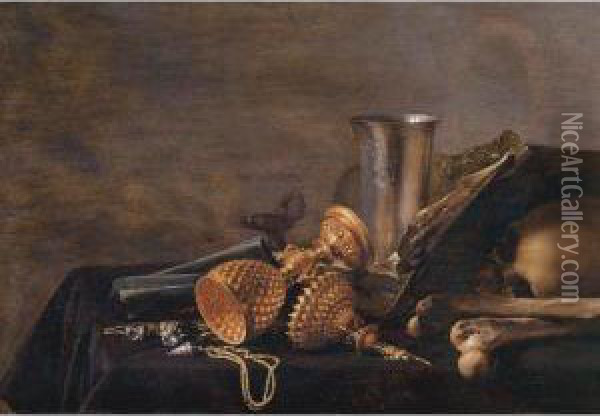 Still Life Of A Dutch Silver 
Beaker, A Roemer, Shells, An Overturned Gilt Cup With Its Cover Nearby, A
 Gilt Chain, An Open Book And A Skull All Resting On A Draped Table Oil Painting - Pieter Claesz.