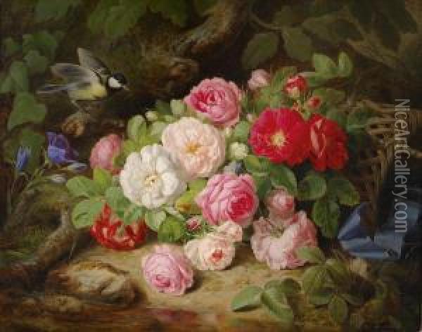 Bouquet Ofroses On A Forest Floor With Bird Oil Painting - Josef Lauer