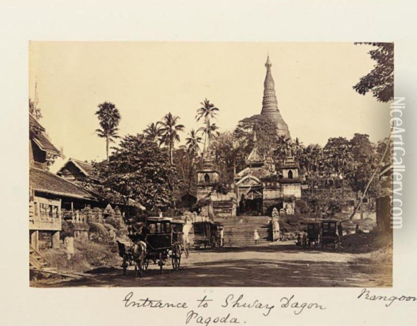 'entrance To Shway Dagon Pagoda, Rangoon' And 'pagoda Near Toungoo'. Two Studies, 1870s Oil Painting - Emily F. Jackson