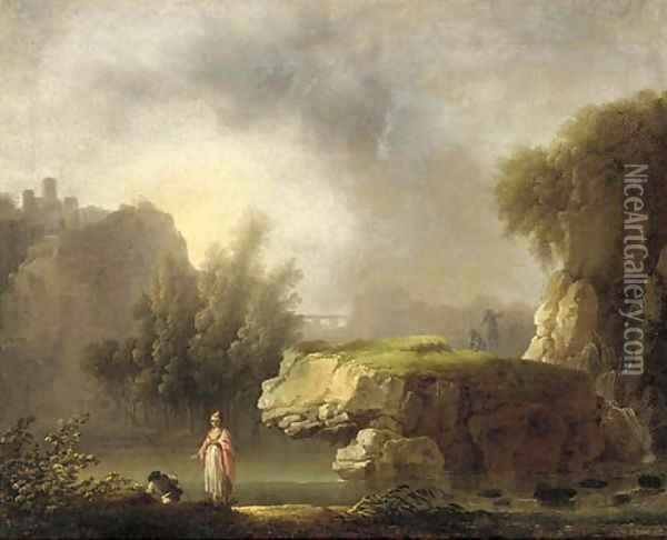 A rocky river landscape with classical figures in the foreground Oil Painting - Carlo Bonavia