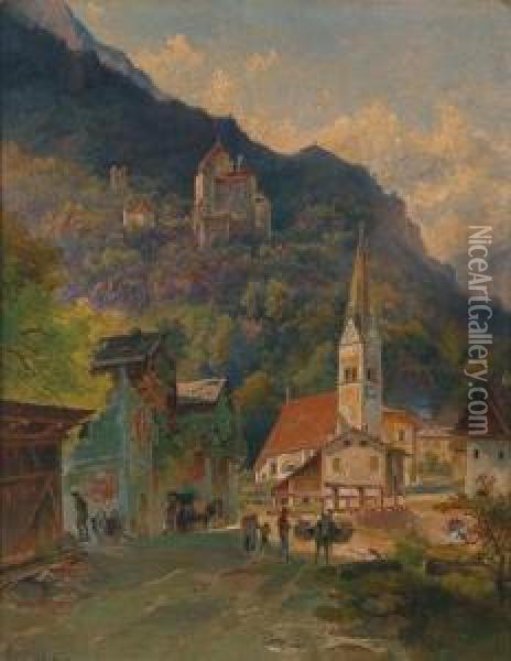 Blick Auf Die Trostburg Und Waidbruck In Sudtirol Oil Painting - Heinrich Carl Schubert