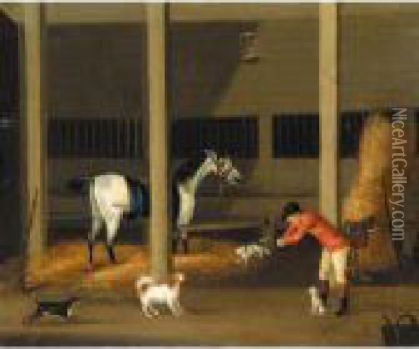A Stable Interior With A Groom Releasing A Cat Oil Painting - John Nost Sartorius